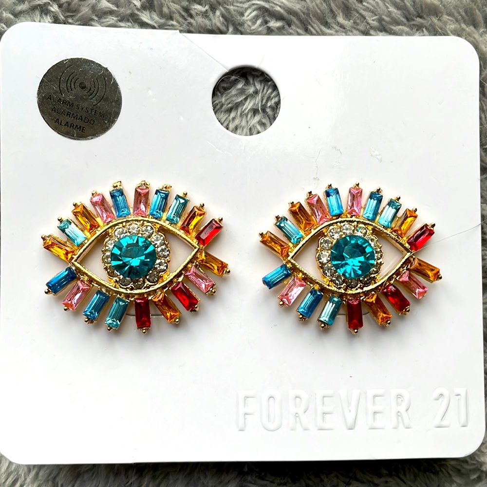 🆕 FOVEVER 21 Multicoloured Rhinestone ‘Evil Eye’ Earrings